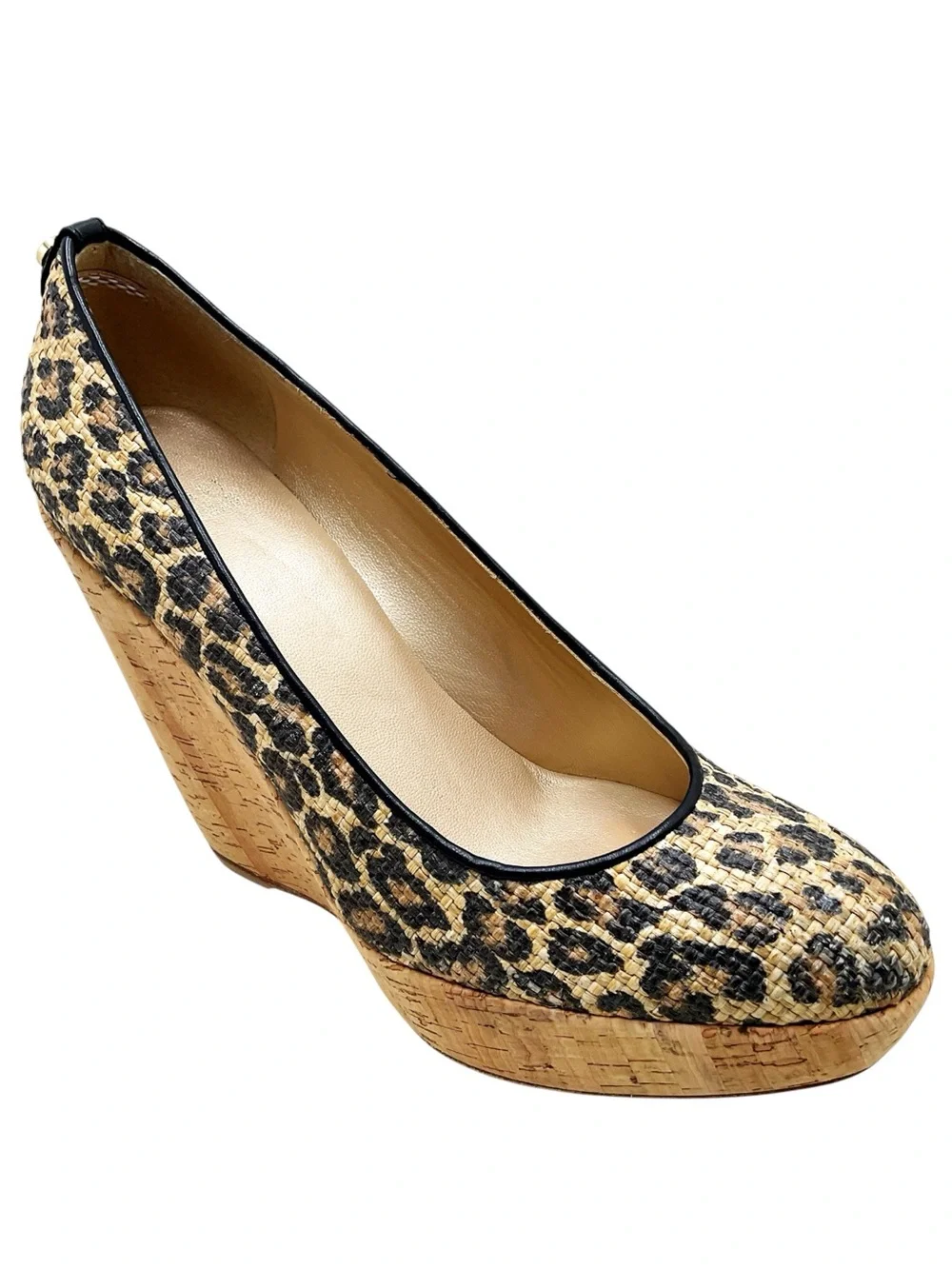 {Stuart Weitzman} Leopard-print Cork Wedge Raffia Platforms